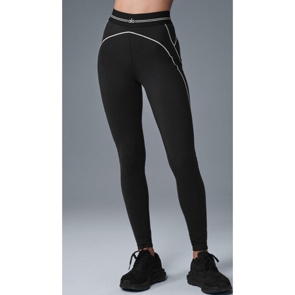 ALO Yoga Pants - Alo Airbrush High-Waist Heart Throb Leggings Black White Hi-Rise Waisted Tights